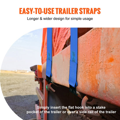 VEVOR Winch Straps, 10.2 cm x 9.1 m, 2.7T Load Capacity, 8.2T Breaking Strength, Truck Straps with Flat Hook, Flatbed Tie Downs Cargo Control for Trailers, Farms, Rescues, Tree Saver, Blue (10 Pack)