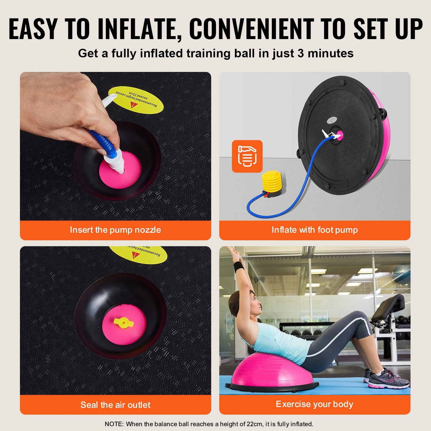 VEVOR Half Exercise Ball Trainer, 23 inch Balance Ball Trainer, 660lbs Capacity Stability Ball, Yoga Ball with Resistance Bands & Foot Pump, Strength Fitness Ball for Home Gym, Full Body Workout, Pink