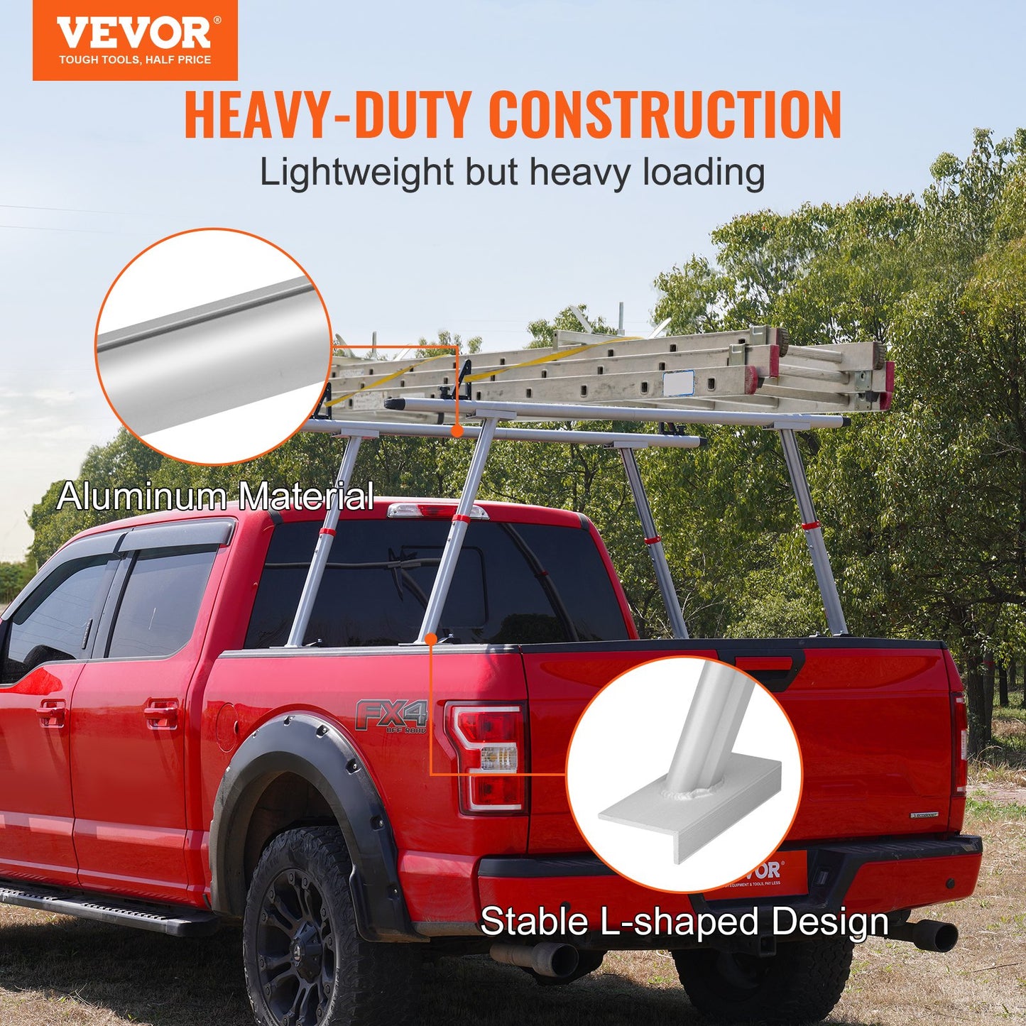 VEVOR Truck Rack, 363lbs Capacity, 19-34in Adjustable Height, Aluminum Ladder Rack for Truck with 8 Non-Drilling C-clamps, Heavy Duty Truck Bed Rack Two-Bar Set for Kayak, Surfboard, Lumber, Ladder