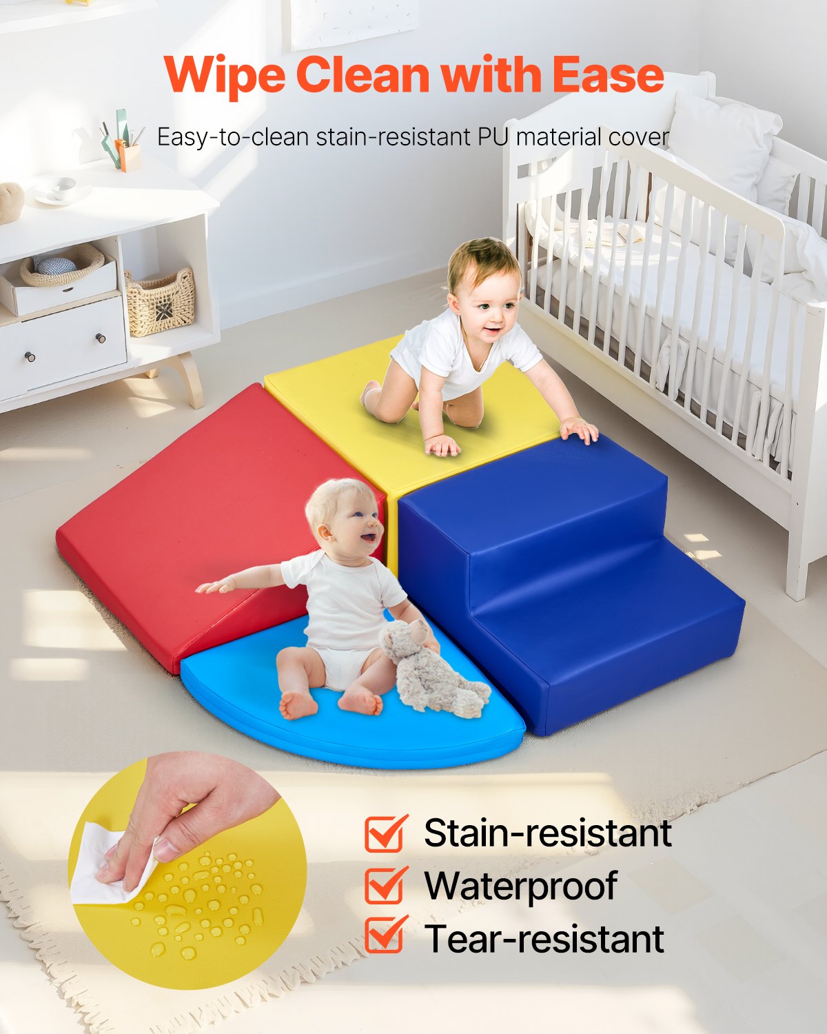 VEVOR Climbing Toys, 4-Piece Set, Foam Climbing Toys for Toddlers 6 Months to 3 Years Old, PU Leather Climbing Blocks, Indoor Climb and Crawl Activity Playset for Crawling & Sliding, Easy to Clean