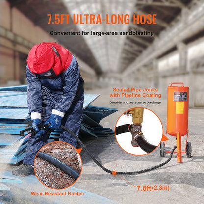VEVOR 10 Gallon Heavy-Duty Sand Blaster, 60-110 PSI High Pressure Sandblaster, Portable Abrasive Blasting Tank, Air Sand Blasting Kit with 2 Ceramic Nozzles & 7.5ft Hose for Stain, Rust, Paint Removal