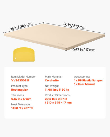 Pizza Stone, 508 x 355 mm Rectangular Cordierite Pizza Stone, Extra Large Baking-Stone with PP Scraper, 17 mm Thick Heat-Resistant Cordierite, for Oven, Baking Bread & Pizzas, BBQ Grilling