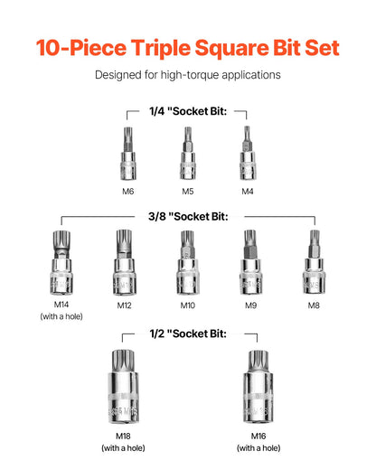 XZN Triple Square Spline Bit Socket Set 10-Piece M4-M18 Cr-V Steel Storage Case