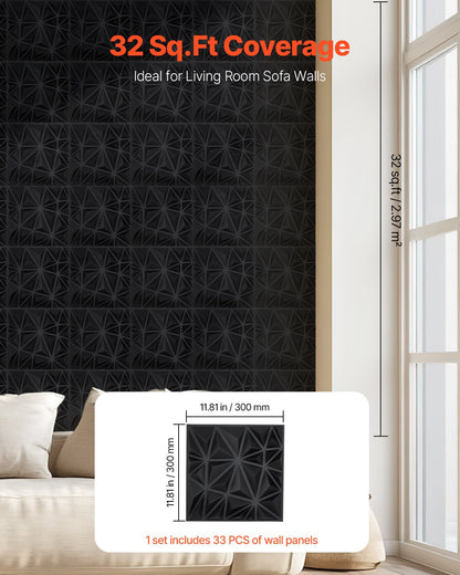 3D Wall Panels, 33-Pack 30 x 30 cm PVC Modern Art Minimalist Diamond Tiles, 2.97 m² Coverage Accent Wall Panel, Interior Home Decor for Ceiling, Bedroom, Living Room, Gaming Room, Matte Black
