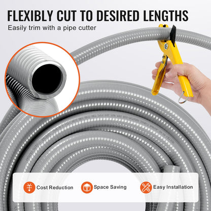 VEVOR 12.7 mm Flexible Electrical Conduit, 30.5 m, PVC Liquid-Tight Conduit Non-Metallic with 5 Straight and 5 90-Degree Conduit Connector Fittings, for Air Conditioning Motor Controller Pump, IP65