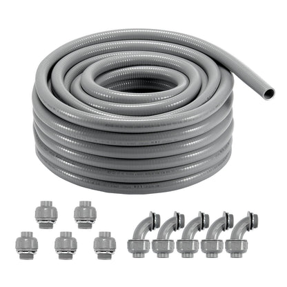 VEVOR 12.7 mm Flexible Electrical Conduit, 30.5 m, PVC Liquid-Tight Conduit Non-Metallic with 5 Straight and 5 90-Degree Conduit Connector Fittings, for Air Conditioning Motor Controller Pump, IP65