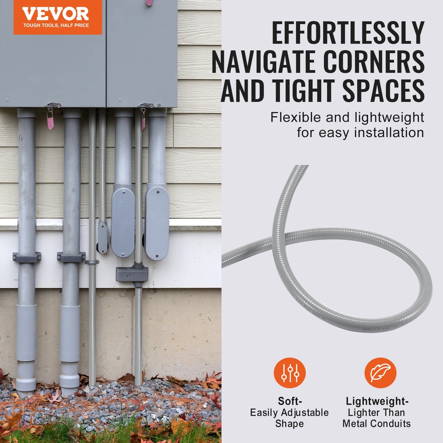 VEVOR 25.4 mm Flexible Electrical Conduit, 30.5 m, PVC Liquid-Tight Conduit Non-Metallic with 5 Straight and 5 90-Degree Conduit Connector Fittings, for Air Conditioning Motor Controller Pump, IP65