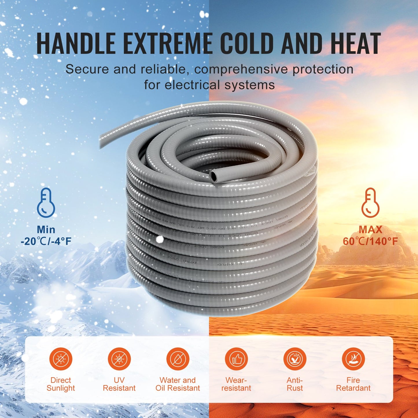 VEVOR 25.4 mm Flexible Electrical Conduit, 30.5 m, PVC Liquid-Tight Conduit Non-Metallic with 5 Straight and 5 90-Degree Conduit Connector Fittings, for Air Conditioning Motor Controller Pump, IP65