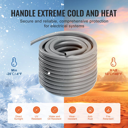VEVOR 25.4 mm Flexible Electrical Conduit, 30.5 m, PVC Liquid-Tight Conduit Non-Metallic with 5 Straight and 5 90-Degree Conduit Connector Fittings, for Air Conditioning Motor Controller Pump, IP65