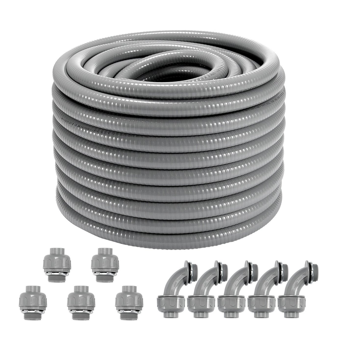 VEVOR 19.1 mm Flexible Electrical Conduit, 30.5 m, PVC Liquid-Tight Conduit Non-Metallic with 5 Straight and 5 90-Degree Conduit Connector Fittings, for Air Conditioning Motor Controller Pump, IP65