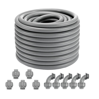 VEVOR 19.1 mm Flexible Electrical Conduit, 30.5 m, PVC Liquid-Tight Conduit Non-Metallic with 5 Straight and 5 90-Degree Conduit Connector Fittings, for Air Conditioning Motor Controller Pump, IP65