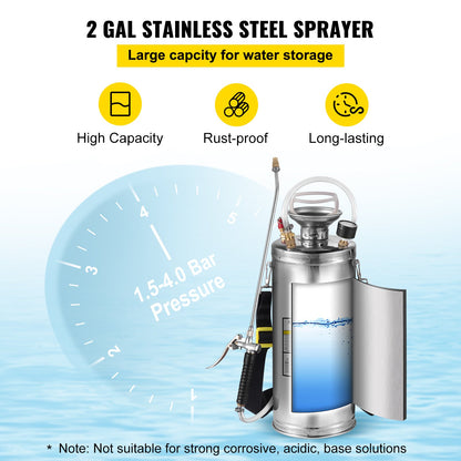 VEVOR 2Gal Stainless Steel Sprayer, Set with 20\" Wand& Handle& 3FT Reinforced Hose, Hand Pump Sprayer with Pressure Gauge&Safety Valve, Adjustable Nozzle Suitable for Gardening and Sanitizing