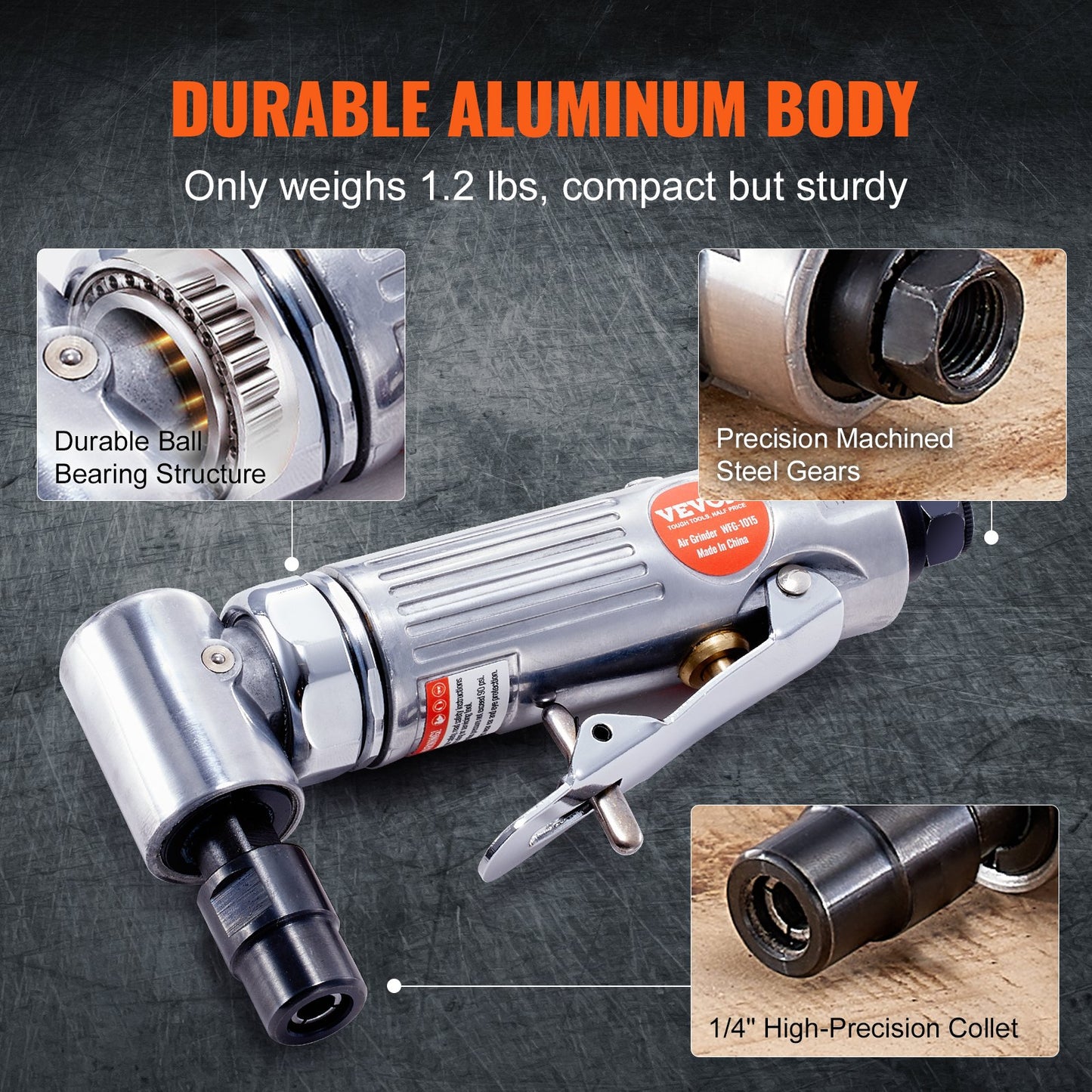 VEVOR Air Angle Die Grinder, 1/4" Right Angle Die Grinder (20000RPM), Heavy Duty 90-Degree Angled Air Powered, 24PCS Discs for Grinding, Polishing, Deburring, Rust Removal