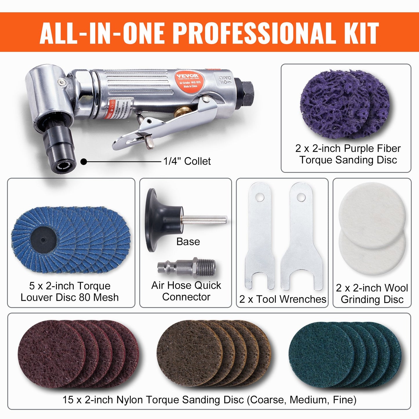 VEVOR Air Angle Die Grinder, 1/4" Right Angle Die Grinder (20000RPM), Heavy Duty 90-Degree Angled Air Powered, 24PCS Discs for Grinding, Polishing, Deburring, Rust Removal