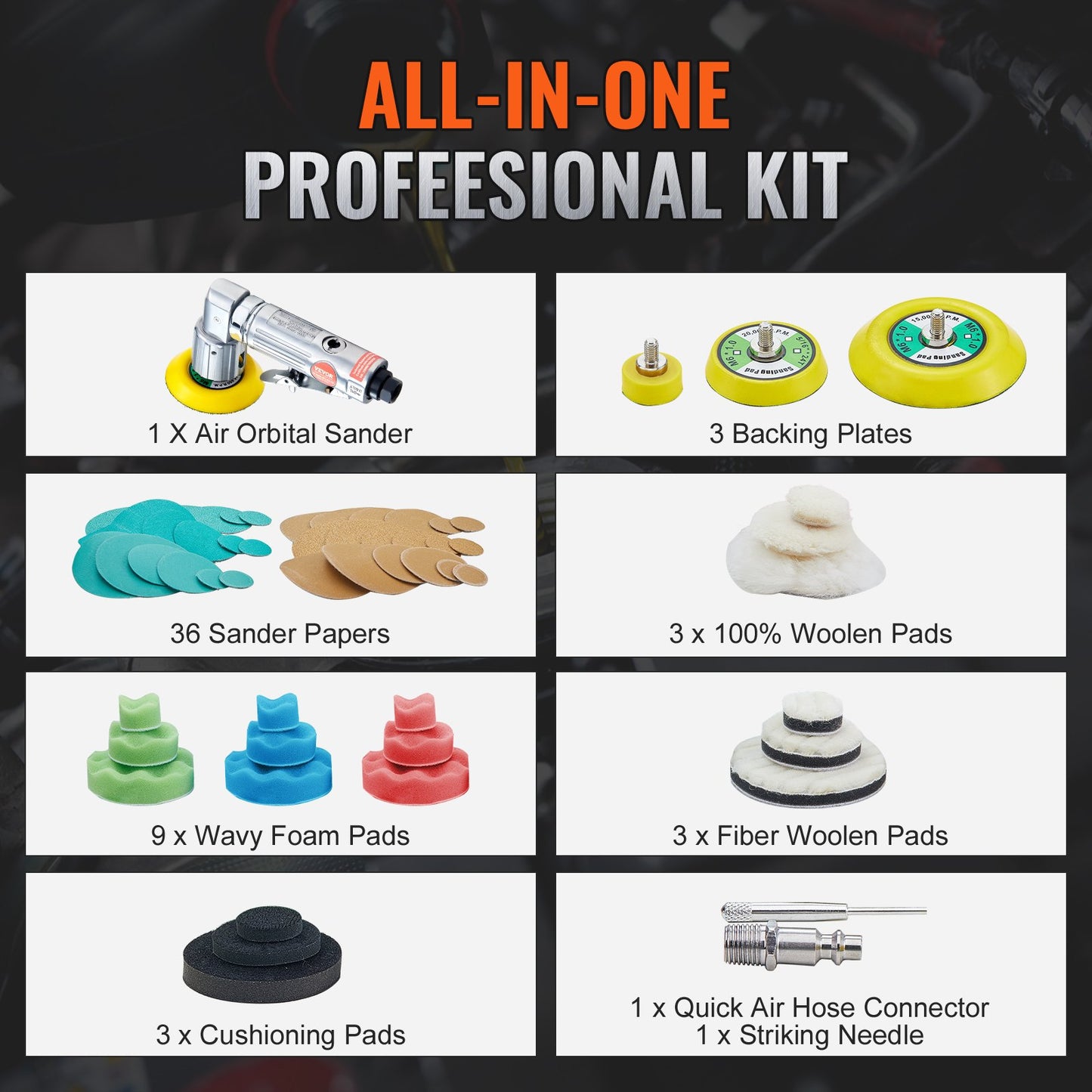 VEVOR 58PCS Air Sander Kit 1/2/3in Random Orbital Air Sander Polisher 15000r/min
