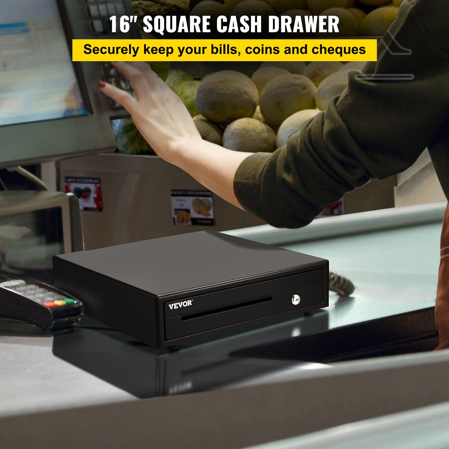 VEVOR Cash Register Drawer, 16" 12 V, for POS System with 5 Bill 6 Coin Cash Tray, Removable Coin Compartment & 2 Keys Included, RJ11/RJ12 Cable for Supermarket, Bar, Coffee Shop, Restaurant