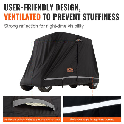 VEVOR 4 Passenger Golf Cart Cover, 600D Polyester Full Cover, Universal Fits for Most Brand Club Car Covers, Waterproof, Sunproof, and Dustproof Outdoor Golf Cart Cover with Three Zipper Doors, Black