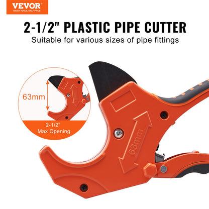 VEVOR PVC Pipe Cutter, 0-2-1/2" O.D. Ratcheting PVC Pipe Cutter, Heavy Duty Tube Cutting Tool with Spare SK5 Blade for PVC, CPVC, PP-R, PEX, PE, Rubber Hoses