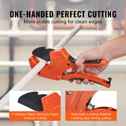 VEVOR PVC Pipe Cutter, 0-2-1/2" O.D. Ratcheting PVC Pipe Cutter, Heavy Duty Tube Cutting Tool with Spare SK5 Blade for PVC, CPVC, PP-R, PEX, PE, Rubber Hoses