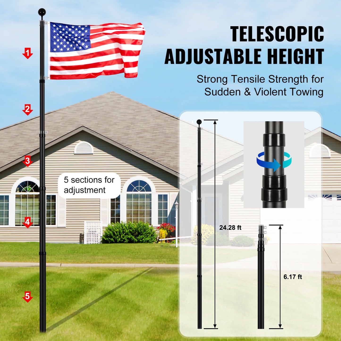 25FT Telescopic Flagpole Kit, Heavy Duty Aluminum Alloy Flag Pole Kit in Ground for Outside, 3 Display Modes Flagpole with Professional Accessories, Black