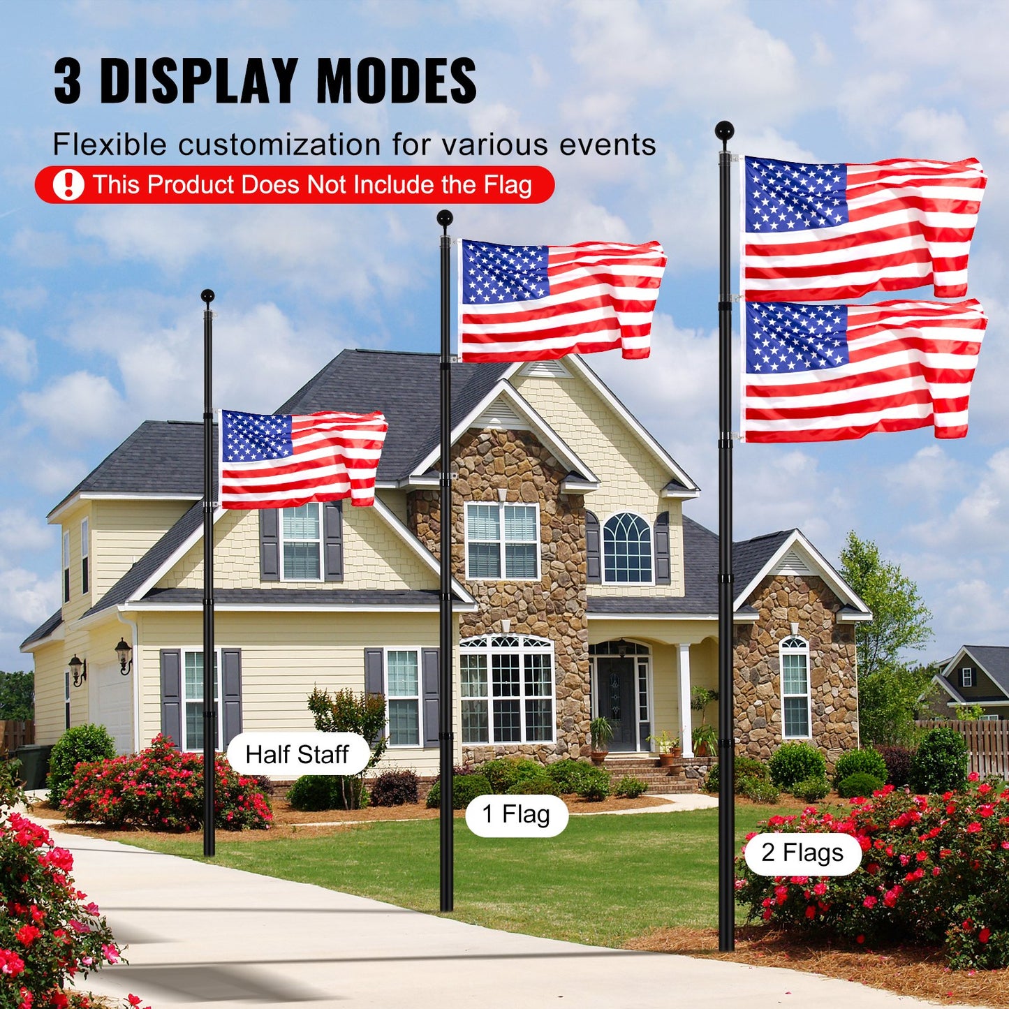 25FT Telescopic Flagpole Kit, Heavy Duty Aluminum Alloy Flag Pole Kit in Ground for Outside, 3 Display Modes Flagpole with Professional Accessories, Black