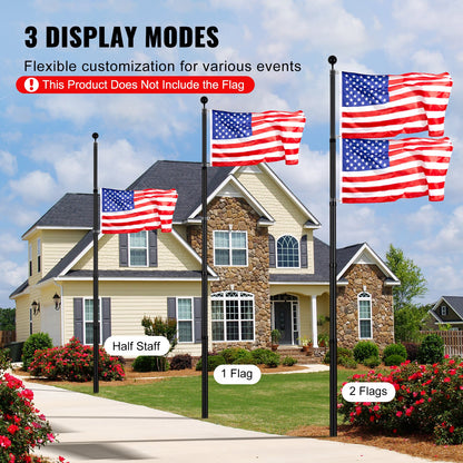25FT Telescopic Flagpole Kit, Heavy Duty Aluminum Alloy Flag Pole Kit in Ground for Outside, 3 Display Modes Flagpole with Professional Accessories, Black