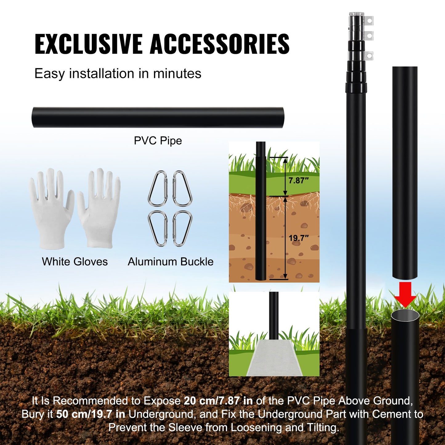 25FT Telescopic Flagpole Kit, Heavy Duty Aluminum Alloy Flag Pole Kit in Ground for Outside, 3 Display Modes Flagpole with Professional Accessories, Black