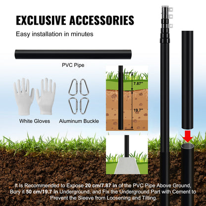 25FT Telescopic Flagpole Kit, Heavy Duty Aluminum Alloy Flag Pole Kit in Ground for Outside, 3 Display Modes Flagpole with Professional Accessories, Black