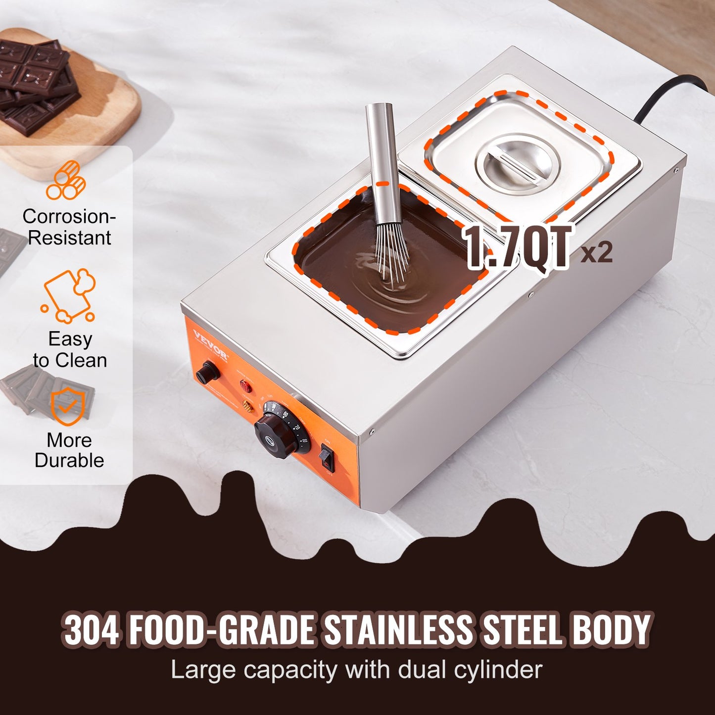 VEVOR Chocolate Tempering Machine, 2 Tanks Chocolate Melting Pot with TEMP Control, 800W Stainless Steel Electric Commercial Food Warmer For Chocolate/Milk/Cream Melting and Heating