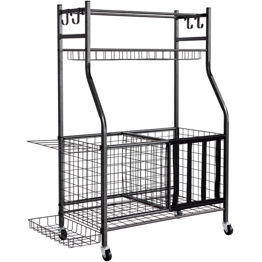 VEVOR Sports Equipment Garage Organizer, Rolling Ball Storage Cart on Wheels, Basketball Rack with Baskets & Hooks, Indoor/Outdoor Sports Gear and Toys Storage, Steel Sports Equipment Organizer, Black