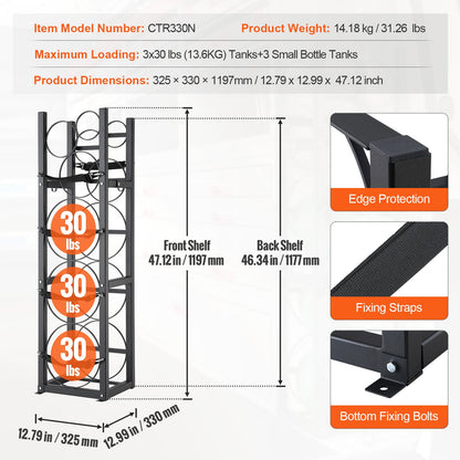 VEVOR Refrigerant Tank Rack, with 3 x 30lbs and Other 3 Small Bottle Tanks, Cylinder Tank Rack 12.79x12.99x47.12 in, Refrigerant Cylinder Rack and Holders for Freon, Gases, Oxygen, Nitrogen