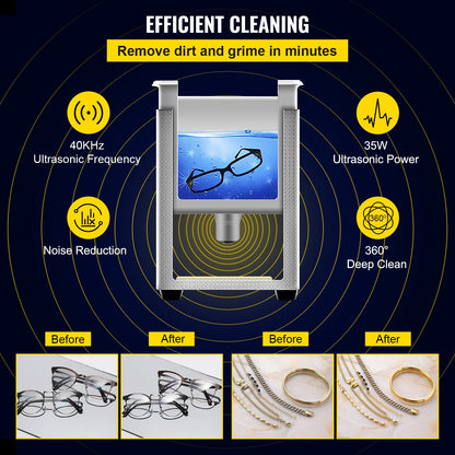 VEVOR 0.8L Professional Ultrasonic Cleaner 304 Stainless Steel Digital Lab Ultrasonic Cleaner with Timer for Jewelry Watch Glasses Circuit Board Dentures Small Parts Dental Instrument (0.8L)