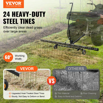 VEVOR Tow Behind Dethatcher, 1.5m Tow Dethatcher with 24 Steel Tines, Lawn Dethatcher Rake for ATV or Mower, Tow Behind Lawn Rake with Lift Handle for Leaves, Pine Needles, and Grass
