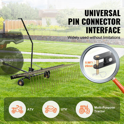 VEVOR Tow Behind Dethatcher, 1.5m Tow Dethatcher with 24 Steel Tines, Lawn Dethatcher Rake for ATV or Mower, Tow Behind Lawn Rake with Lift Handle for Leaves, Pine Needles, and Grass