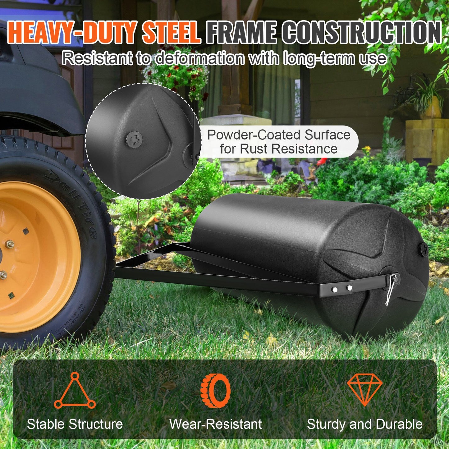 VEVOR Tow Behind Lawn Roller, 400lbs Sand/Water Filled Yard Roller, LLDPE Drum and Steel Frame Sod Roller with Easy-turn Plug, Tow Behind a Tractor or ATV for Lawn, Garden, Farm, Park, Black