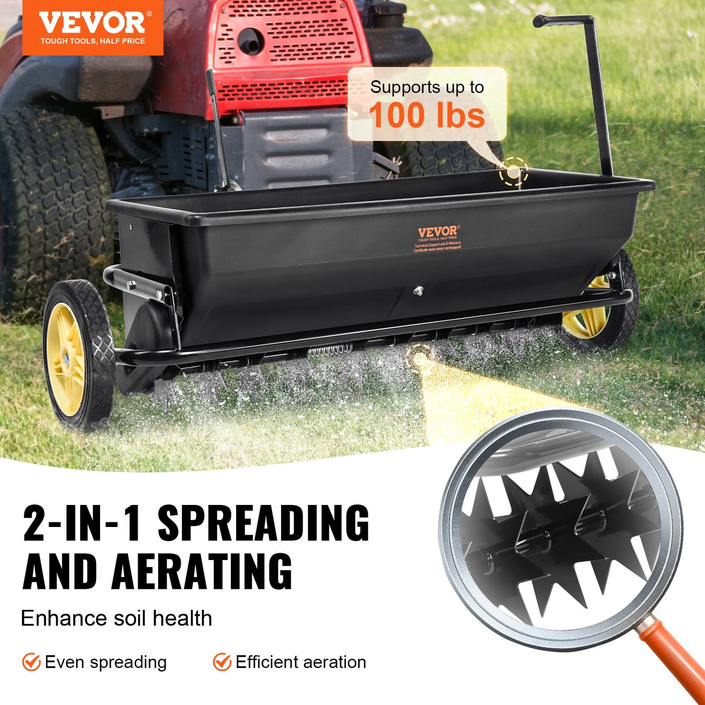 VEVOR Broadcast Spreader, 100 LB Tow Behind Poly Drop Spreader with 10" Wheels, Steel Spike Aerator, Fertilizer Spreader, Garden Seeder, and Salt Spreader, for Residential, Farm, Tough Terrain, Black