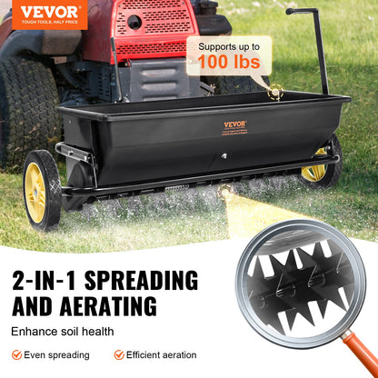 VEVOR Broadcast Spreader, 100 LB Tow Behind Poly Drop Spreader with 10" Wheels, Steel Spike Aerator, Fertilizer Spreader, Garden Seeder, and Salt Spreader, for Residential, Farm, Tough Terrain, Black