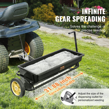 VEVOR Broadcast Spreader, 100 LB Tow Behind Poly Drop Spreader with 10" Wheels, Steel Spike Aerator, Fertilizer Spreader, Garden Seeder, and Salt Spreader, for Residential, Farm, Tough Terrain, Black