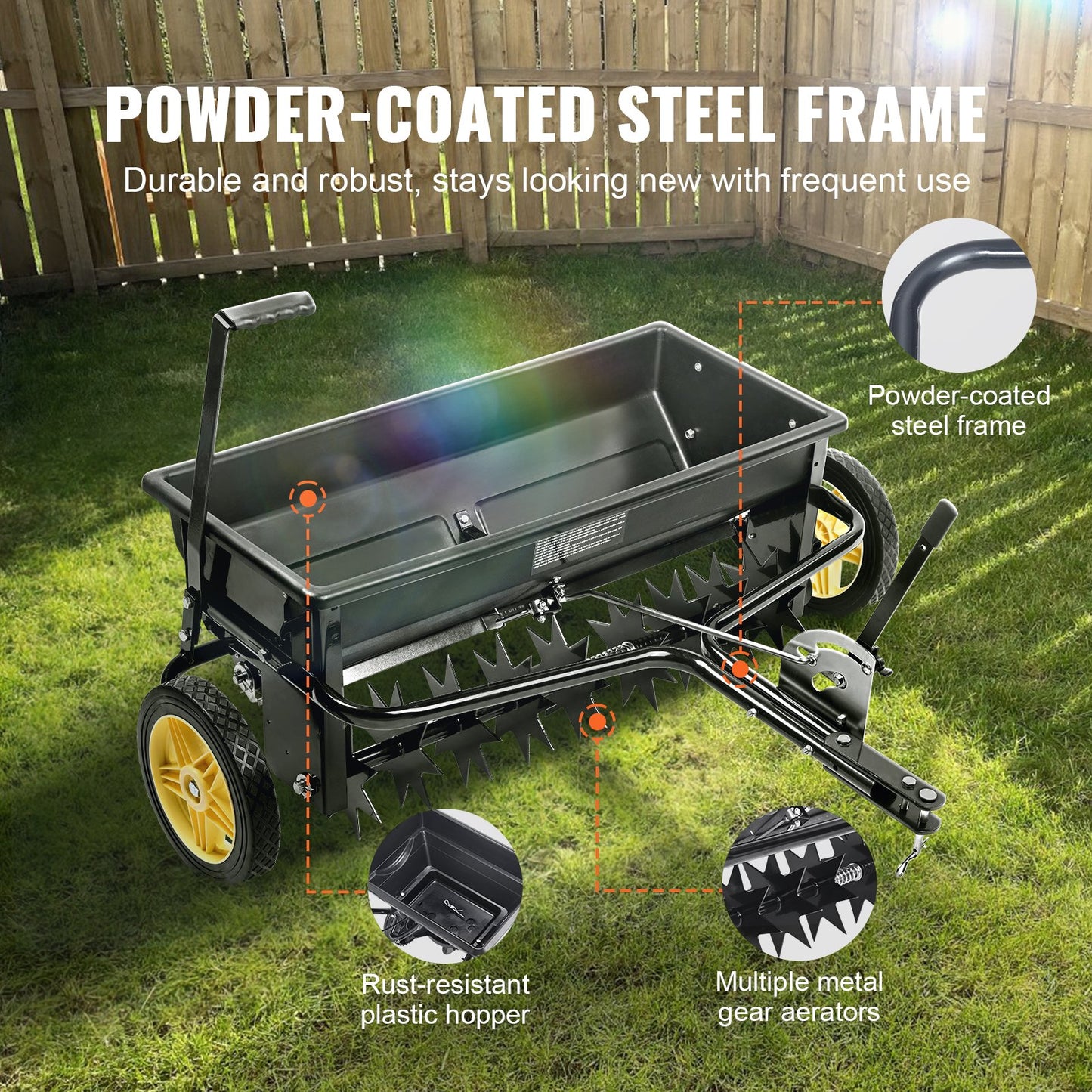 VEVOR Broadcast Spreader, 100 LB Tow Behind Poly Drop Spreader with 10" Wheels, Steel Spike Aerator, Fertilizer Spreader, Garden Seeder, and Salt Spreader, for Residential, Farm, Tough Terrain, Black