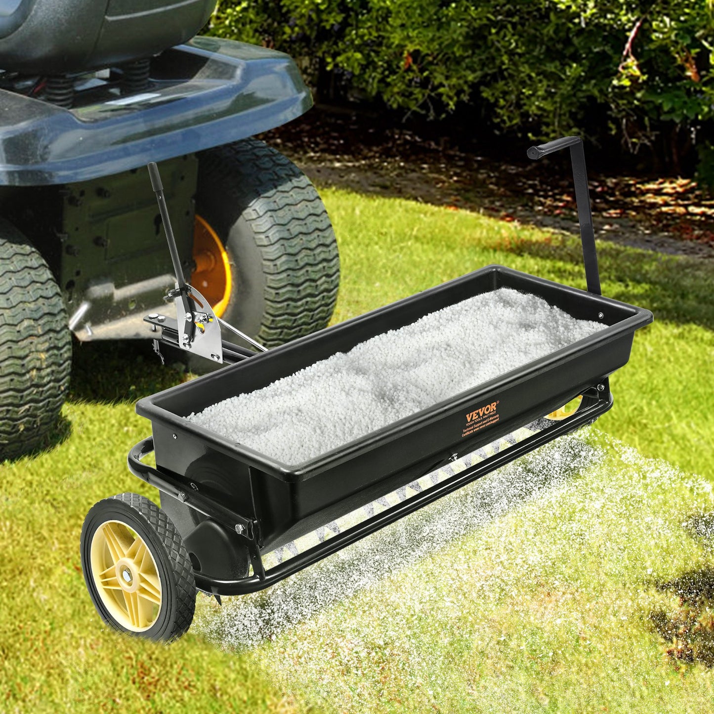 VEVOR Broadcast Spreader, 100 LB Tow Behind Poly Drop Spreader with 10" Wheels, Steel Spike Aerator, Fertilizer Spreader, Garden Seeder, and Salt Spreader, for Residential, Farm, Tough Terrain, Black