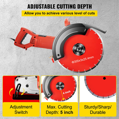 VEVOR Electric Concrete Saw, 14" Concrete Cutter, 1800W Concrete Saw, Electric Circular Saw with 14" Blade and Tools, Masonry Saw for Granite, Brick, Porcelain, Reinforced Concrete and Other Materials
