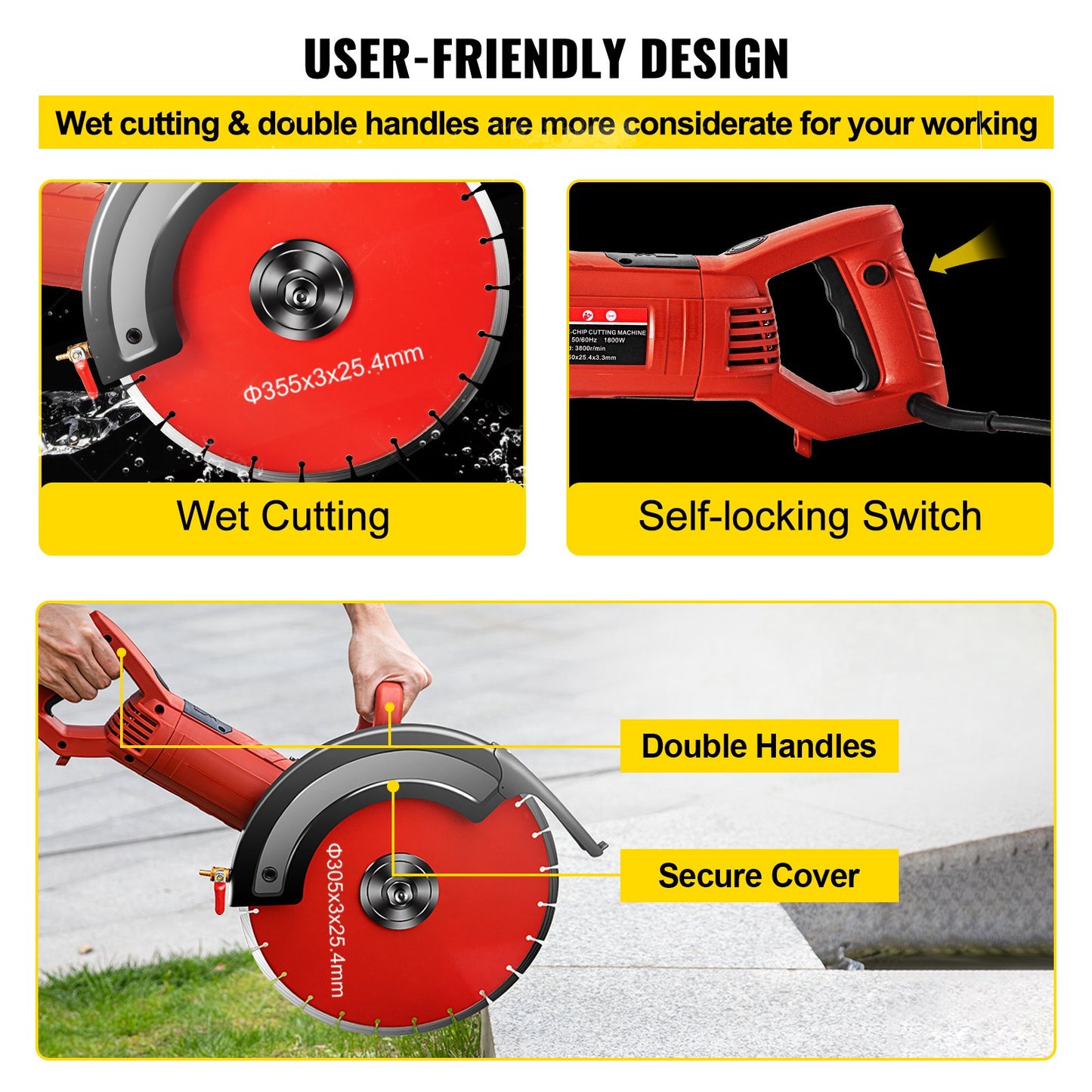 VEVOR Electric Concrete Saw, 14" Concrete Cutter, 1800W Concrete Saw, Electric Circular Saw with 14" Blade and Tools, Masonry Saw for Granite, Brick, Porcelain, Reinforced Concrete and Other Materials