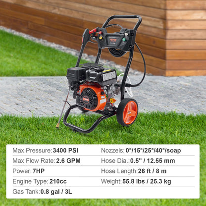 VEVOR Gas Pressure Washer Gas Powered Washer 3400 PSI 2.6 GPM 210cc 5 Nozzles