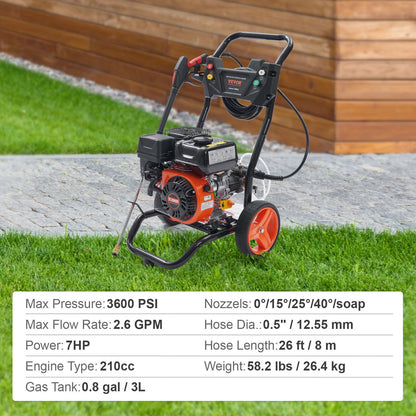 VEVOR Gas Pressure Washer Gas Powered Washer 3600 PSI 2.6 GPM 210cc 5 Nozzles