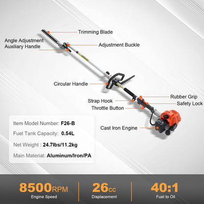 VEVOR 15.7-inch 26CC 2 Cycle Gas Hedge Trimmer, Gas Powered Pole Hedge Trimmer with Dual Sided Dual Action Blade, Adjustable Trimmer Head, Suitable for Trimming Shrubs, Bushes
