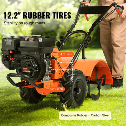 VEVOR Tiller Cultivator Gas Powered, 212CC 4-Stroke Garden Cultivator, Tiller with 4 Steel Adjustable Rear Tines for Lawn, Garden and Field Soil Cultivation