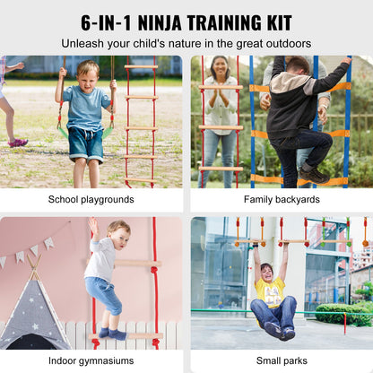 VEVOR Ninja Warrior Obstacle Course for Kids, 15.24 m Weatherproof Slacklines, 500lbs Weight Capacity Monkey Line, Outdoor Playset Equipment, Backyard Toys Training Equipment Set with 10 Obstacles