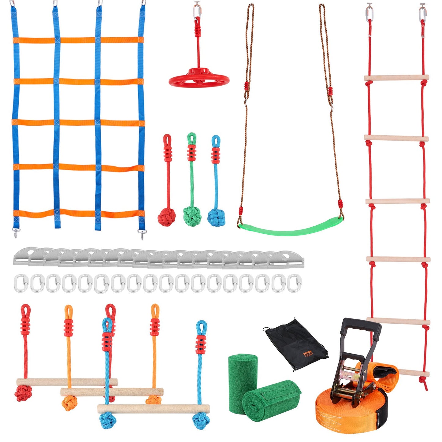 VEVOR Ninja Warrior Obstacle Course for Kids, 15.24 m Weatherproof Slacklines, 500lbs Weight Capacity Monkey Line, Outdoor Playset Equipment, Backyard Toys Training Equipment Set with 10 Obstacles