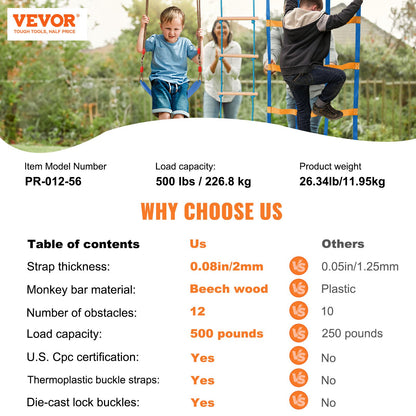VEVOR Ninja Warrior Obstacle Course for Kids, 2 x 17m Weatherproof Slacklines, 227kg Weight Capacity Monkey Line, Outdoor Playset Equipment, Backyard Toys Training Equipment Set with 12 Obstacles