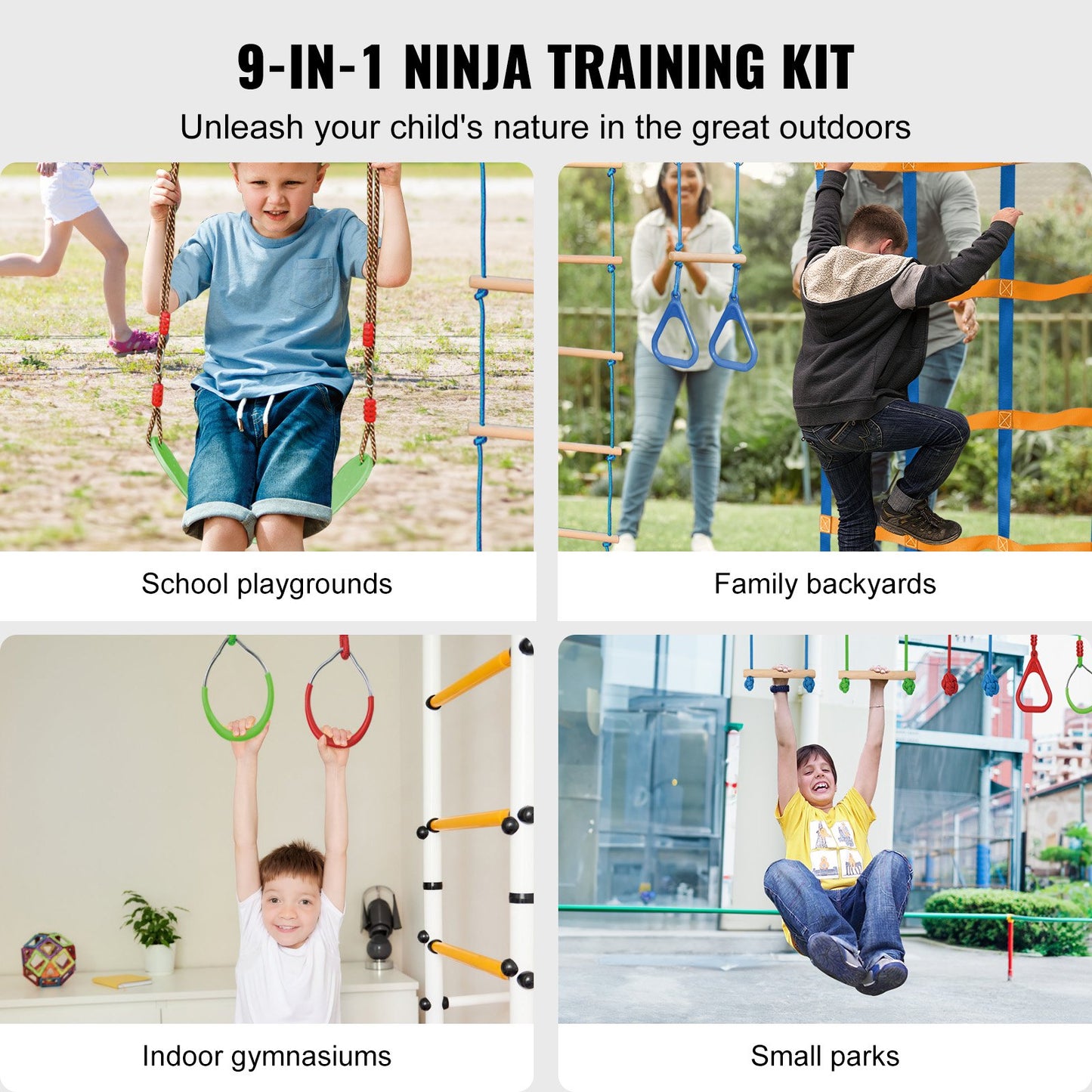 VEVOR Ninja Warrior Obstacle Course for Kids, 2 x 19.8m Weatherproof Slacklines, 500lbs Weight Capacity Monkey Line, Outdoor Playset Equipment, Backyard Toys Training Equipment Set with 12 Obstacles